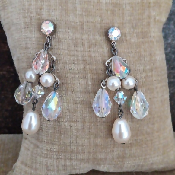 Silver Tone Rhinestone Beaded Dangle Earrings - Picture 1 of 7